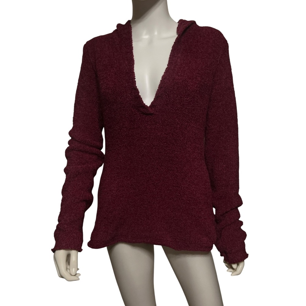 Maurices Womens XL Burgundy Boucle Hooded Sweater Cozy V-Neck Pullover Vintage